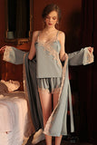 Sexy long average size pajamas lace satin lace-up nightgown bathrobe home service set.