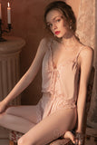 Feminine deep V satin lace hot suspenders shorts home suit set