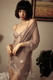 Spring/summer sexy deep V see-through gauze halter skirt nightgown bathrobe two-piece home suit set