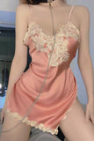 Sexy underwear sexy deep V satin stitching lace side split suspenders nightdress home service set.