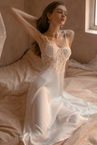 Autumn sexy lace see-through nightgown women's long satin strap nightdress home dress set