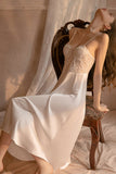 Autumn sexy lace see-through nightgown women's long satin strap nightdress home dress set