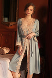 Sexy long average size pajamas lace satin lace-up nightgown bathrobe home service set.