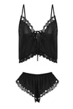 Feminine deep V satin lace hot suspenders shorts home suit set