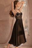 Autumn sexy lace see-through nightgown women's long satin strap nightdress home dress set