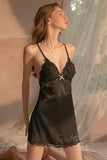 Autumn satin breast cushion halter nightdress Women's deep V tie nightgown home dress set