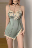 Sexy underwear sexy deep V satin stitching lace side split suspenders nightdress home service set.