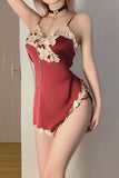 Sexy underwear sexy deep V satin stitching lace side split suspenders nightdress home service set.