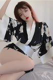 Sexy lingerie feminine deep V strap waist seal floral chiffon kimono role playing uniform set