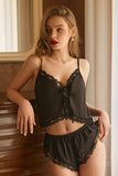 Feminine deep V satin lace hot suspenders shorts home suit set