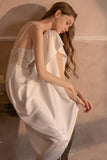 Autumn sexy lace see-through nightgown women's long satin strap nightdress home dress set