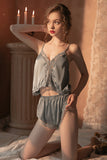 Feminine deep V satin lace hot suspenders shorts home suit set